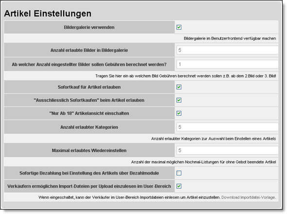 Artikel Einstellungen