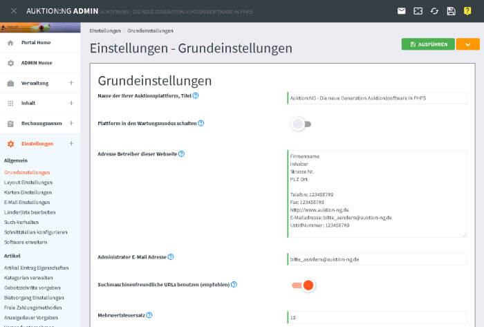 Backend Admin Ansicht Auktionssoftware online DEMO 