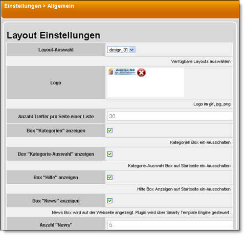 layout einstellungen und Auktions-Setup