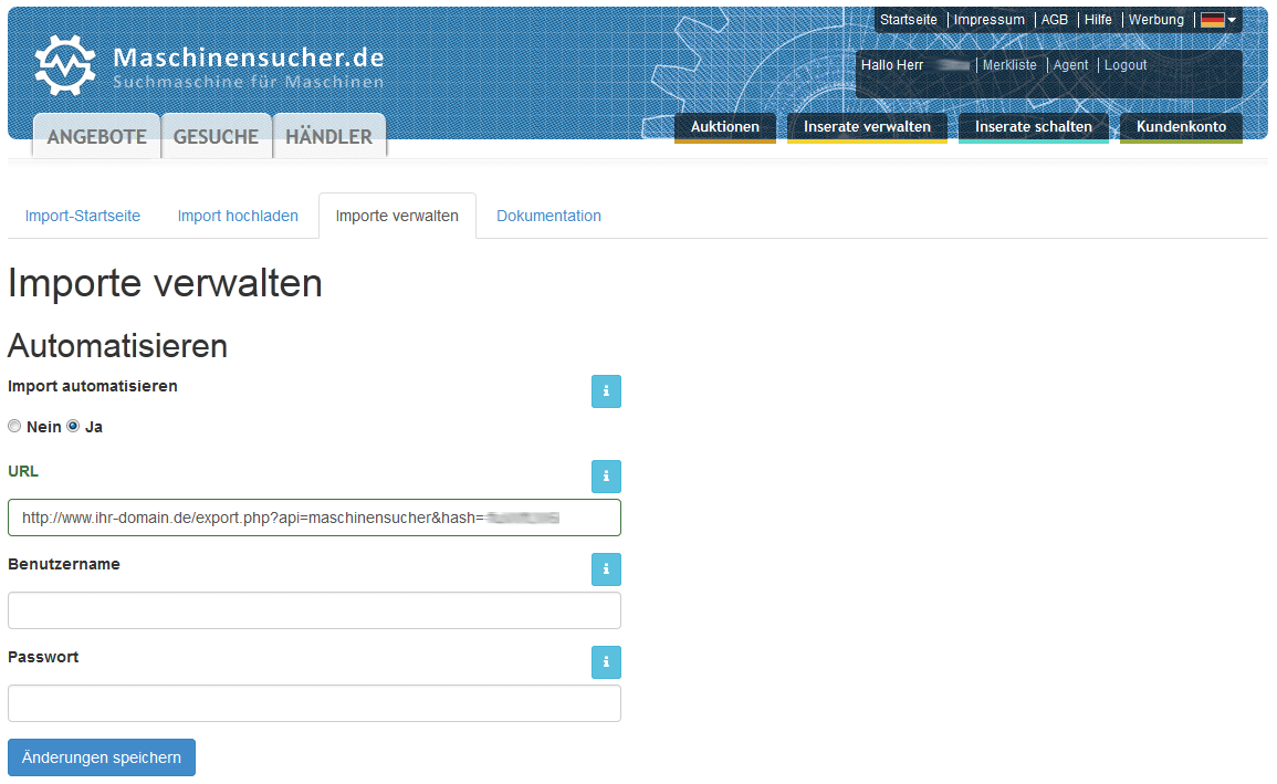 Screenshot 5 Maschinensucher.de Schnittstelle