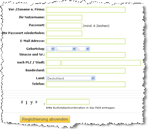 Registrieren mit Freifeldern