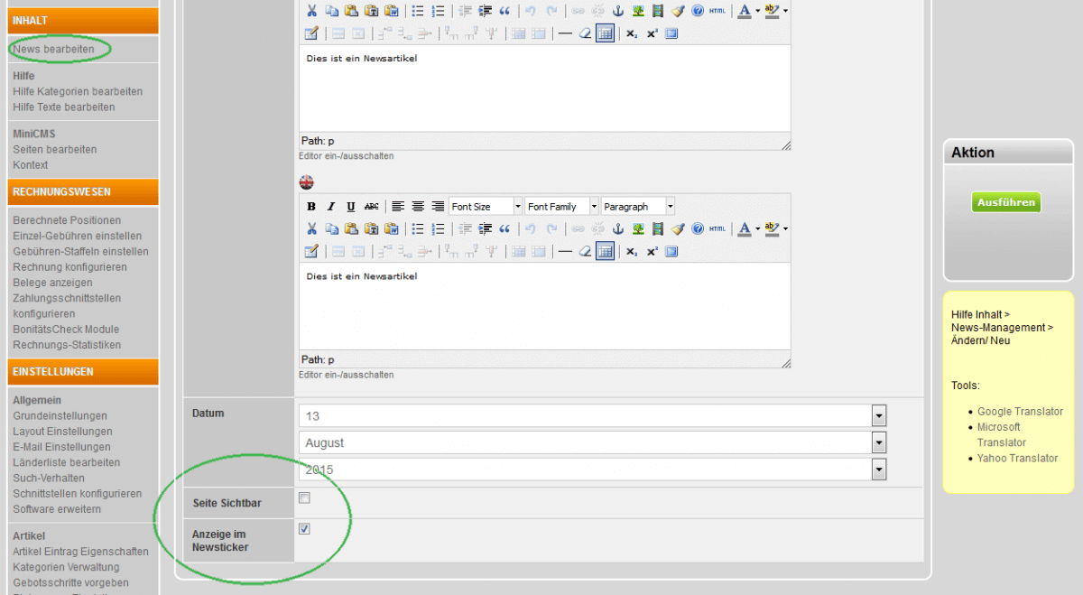 Newsticker im Backend